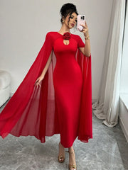 Rafferiza Elegant & Glamorous Sleeveless Mesh Shawl Bodycon Party Dress With 3D Rose Decor, Red