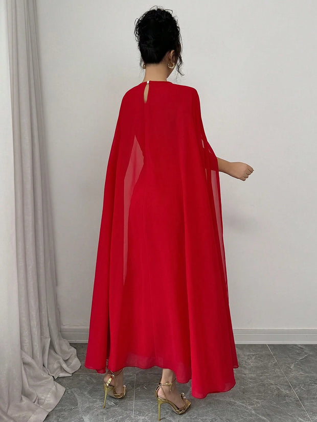 Rafferiza Elegant & Glamorous Sleeveless Mesh Shawl Bodycon Party Dress With 3D Rose Decor, Red