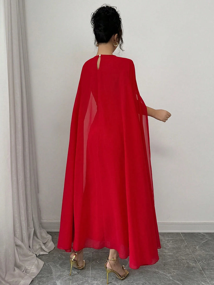 Rafferiza Elegant & Glamorous Sleeveless Mesh Shawl Bodycon Party Dress With 3D Rose Decor, Red
