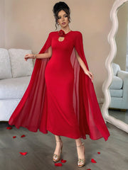 Rafferiza Elegant & Glamorous Sleeveless Mesh Shawl Bodycon Party Dress With 3D Rose Decor, Red