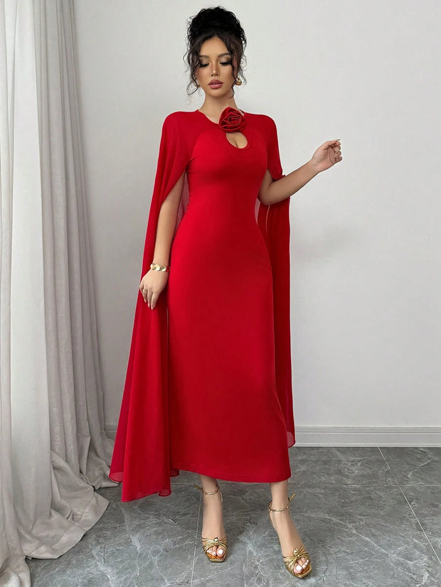 Rafferiza Elegant & Glamorous Sleeveless Mesh Shawl Bodycon Party Dress With 3D Rose Decor, Red