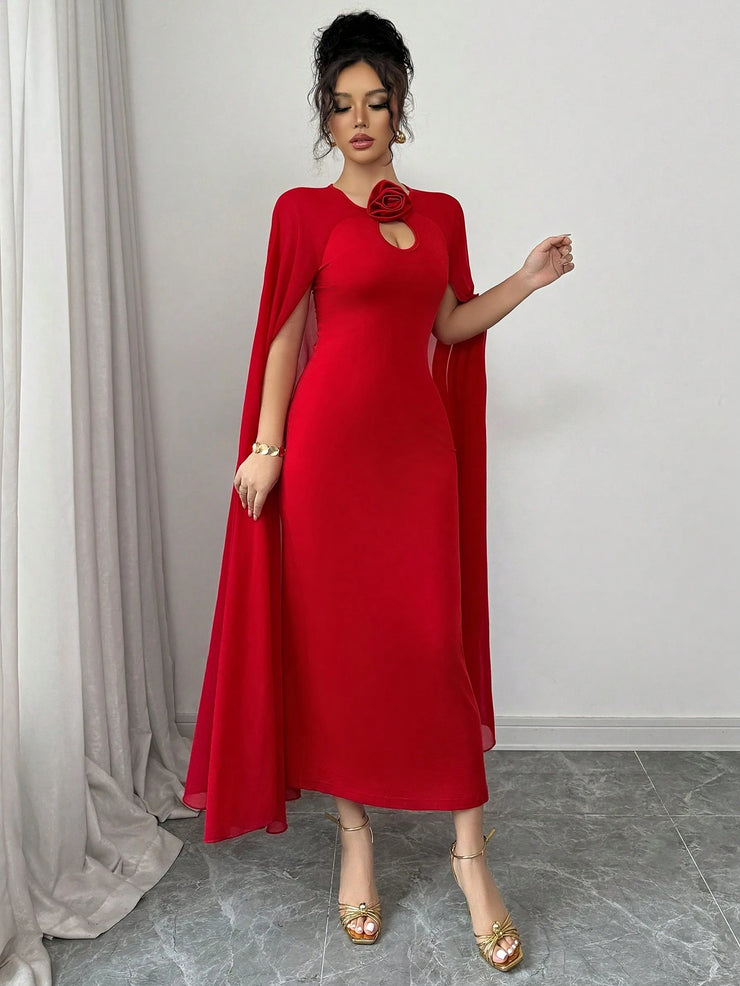 Rafferiza Elegant & Glamorous Sleeveless Mesh Shawl Bodycon Party Dress With 3D Rose Decor, Red