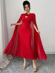 Rafferiza Elegant & Glamorous Sleeveless Mesh Shawl Bodycon Party Dress With 3D Rose Decor, Red