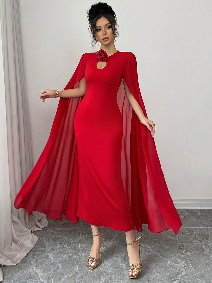 Rafferiza Elegant & Glamorous Sleeveless Mesh Shawl Bodycon Party Dress With 3D Rose Decor, Red