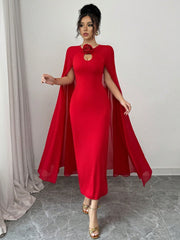 Rafferiza Elegant & Glamorous Sleeveless Mesh Shawl Bodycon Party Dress With 3D Rose Decor, Red