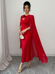 Rafferiza Elegant & Glamorous Sleeveless Mesh Shawl Bodycon Party Dress With 3D Rose Decor, Red