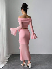 Rafferiza Fashionable Sexy Long Sleeve Off Shoulder Crop Top And Bodycon Skirt 2 Pieces Set