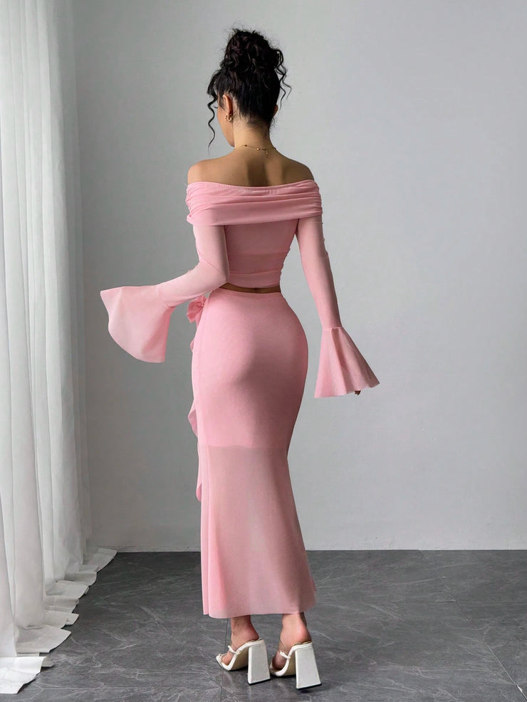 Rafferiza Fashionable Sexy Long Sleeve Off Shoulder Crop Top And Bodycon Skirt 2 Pieces Set