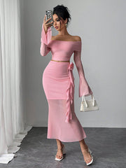 Rafferiza Fashionable Sexy Long Sleeve Off Shoulder Crop Top And Bodycon Skirt 2 Pieces Set