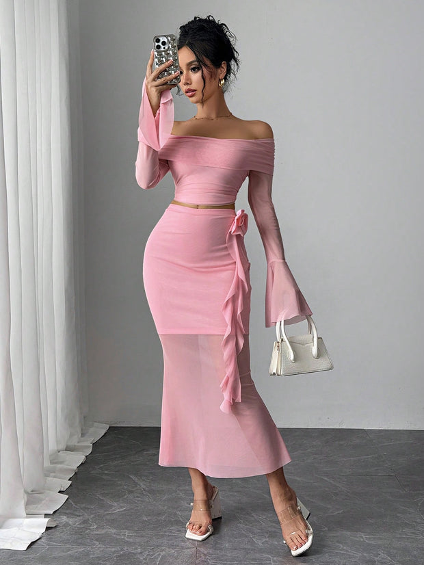 Rafferiza Fashionable Sexy Long Sleeve Off Shoulder Crop Top And Bodycon Skirt 2 Pieces Set