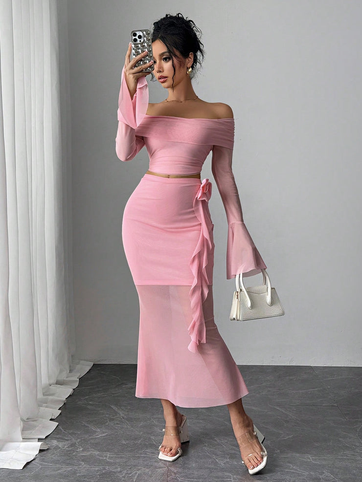 Rafferiza Fashionable Sexy Long Sleeve Off Shoulder Crop Top And Bodycon Skirt 2 Pieces Set