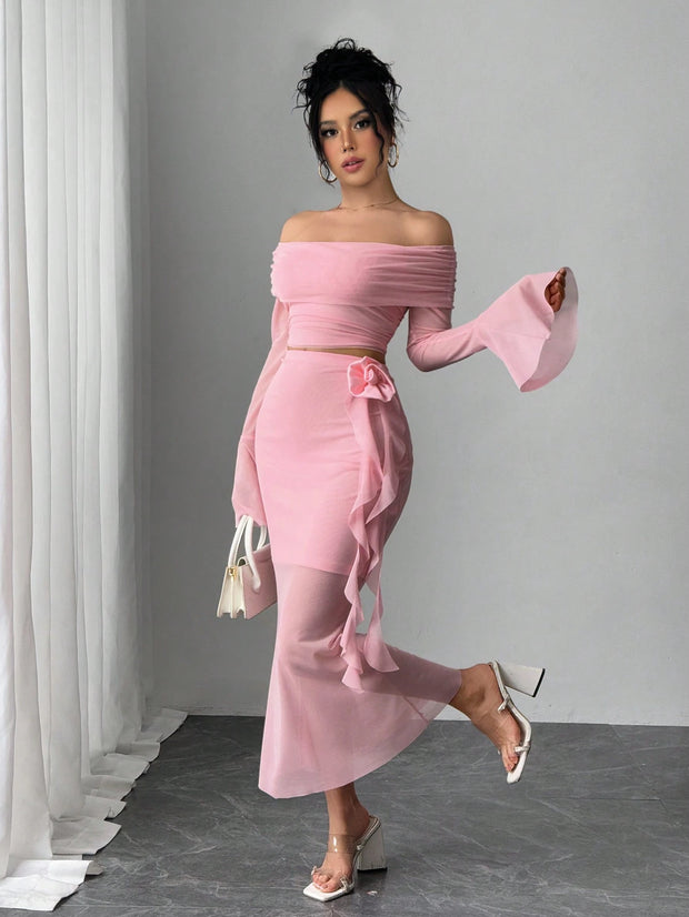 Rafferiza Fashionable Sexy Long Sleeve Off Shoulder Crop Top And Bodycon Skirt 2 Pieces Set