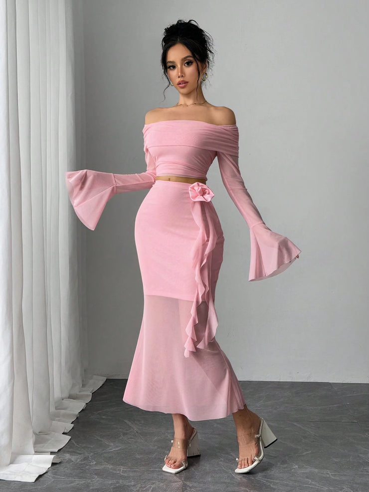 Rafferiza Fashionable Sexy Long Sleeve Off Shoulder Crop Top And Bodycon Skirt 2 Pieces Set