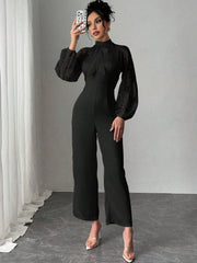Rafferiza Lace Raglan Sleeve Bow Patchwork Twill Wide Leg Jumpsuit