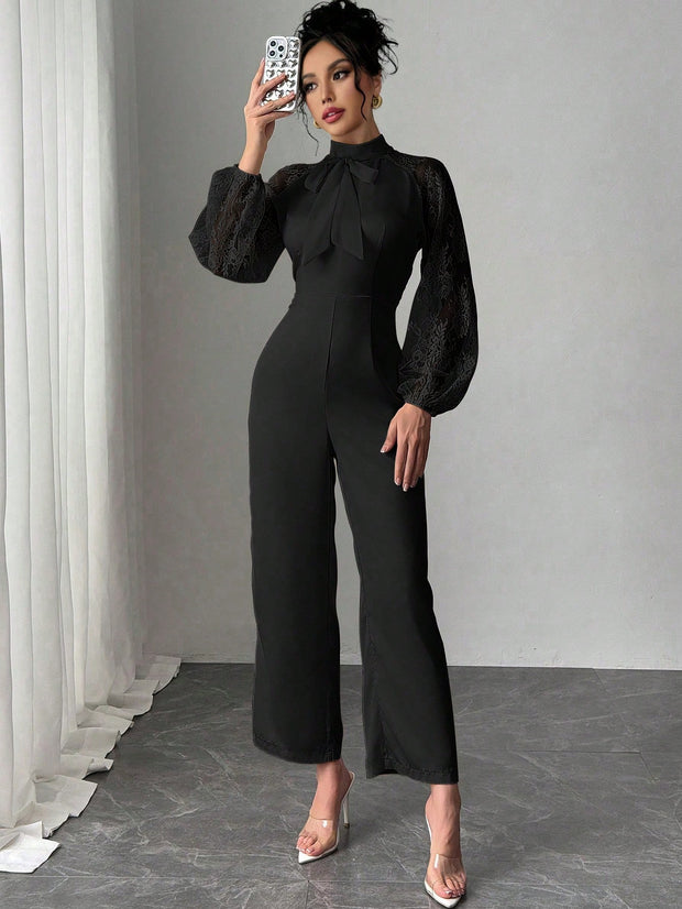 Rafferiza Lace Raglan Sleeve Bow Patchwork Twill Wide Leg Jumpsuit