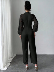 Rafferiza Lace Raglan Sleeve Bow Patchwork Twill Wide Leg Jumpsuit