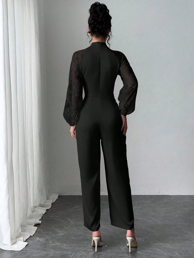 Rafferiza Lace Raglan Sleeve Bow Patchwork Twill Wide Leg Jumpsuit