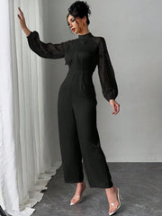 Rafferiza Lace Raglan Sleeve Bow Patchwork Twill Wide Leg Jumpsuit
