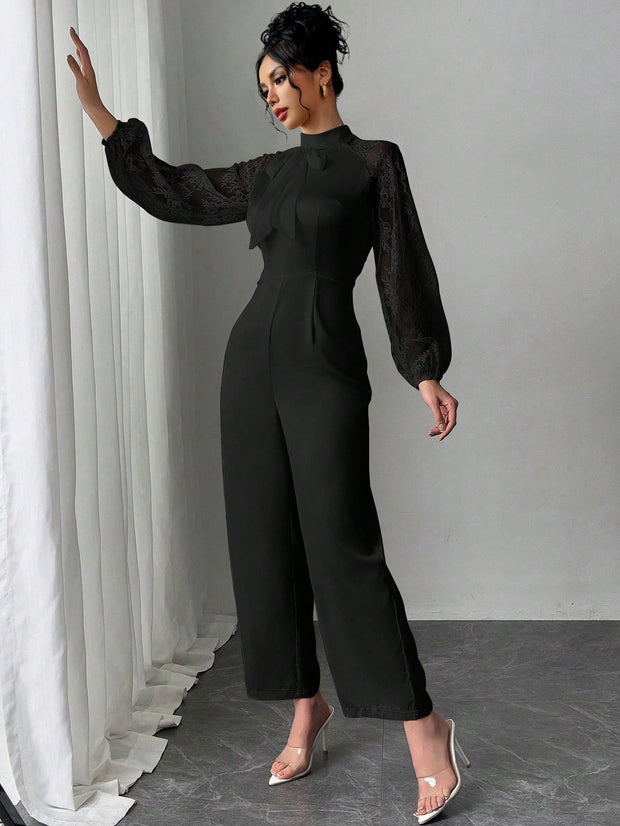 Rafferiza Lace Raglan Sleeve Bow Patchwork Twill Wide Leg Jumpsuit