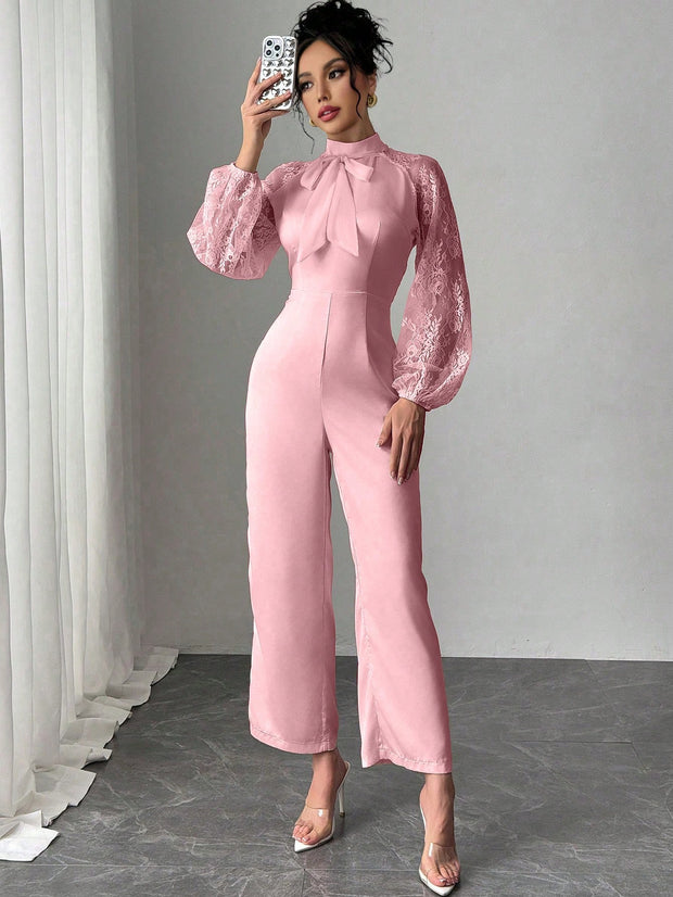 Rafferiza Lace Raglan Sleeve Bow Patchwork Twill Wide Leg Jumpsuit