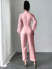 Rafferiza Lace Raglan Sleeve Bow Patchwork Twill Wide Leg Jumpsuit