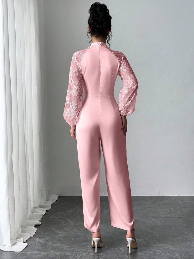 Rafferiza Lace Raglan Sleeve Bow Patchwork Twill Wide Leg Jumpsuit
