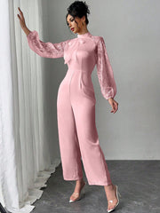 Rafferiza Lace Raglan Sleeve Bow Patchwork Twill Wide Leg Jumpsuit
