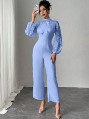 Rafferiza Lace Raglan Sleeve Bow Patchwork Twill Wide Leg Jumpsuit
