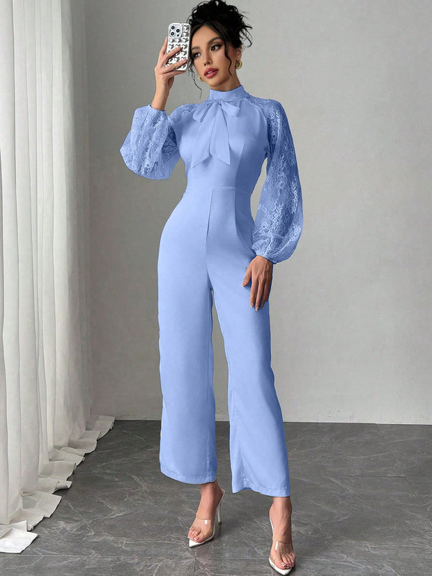 Rafferiza Lace Raglan Sleeve Bow Patchwork Twill Wide Leg Jumpsuit