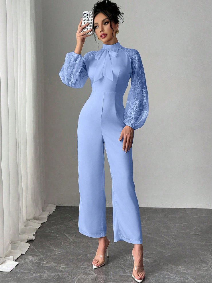 Rafferiza Lace Raglan Sleeve Bow Patchwork Twill Wide Leg Jumpsuit