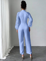 Rafferiza Lace Raglan Sleeve Bow Patchwork Twill Wide Leg Jumpsuit