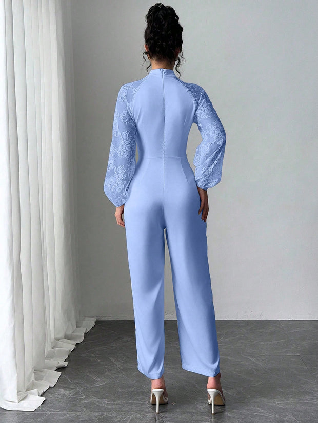 Rafferiza Lace Raglan Sleeve Bow Patchwork Twill Wide Leg Jumpsuit