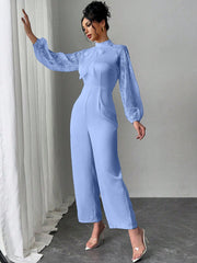 Rafferiza Lace Raglan Sleeve Bow Patchwork Twill Wide Leg Jumpsuit