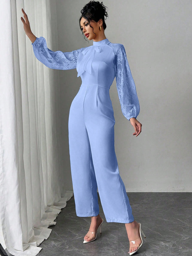 Rafferiza Lace Raglan Sleeve Bow Patchwork Twill Wide Leg Jumpsuit