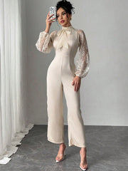 Rafferiza Lace Raglan Sleeve Bow Patchwork Twill Wide Leg Jumpsuit