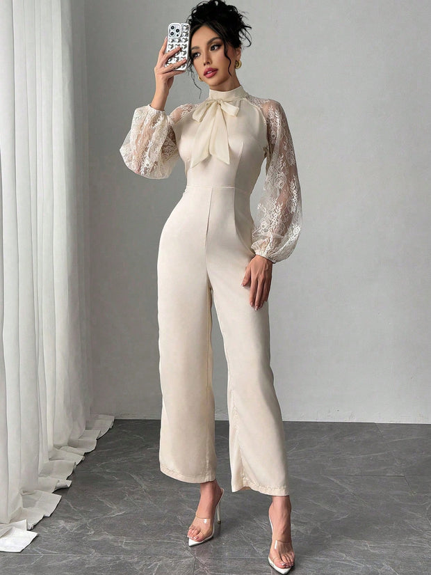 Rafferiza Lace Raglan Sleeve Bow Patchwork Twill Wide Leg Jumpsuit