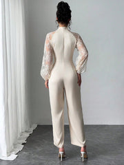Rafferiza Lace Raglan Sleeve Bow Patchwork Twill Wide Leg Jumpsuit