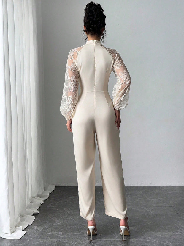 Rafferiza Lace Raglan Sleeve Bow Patchwork Twill Wide Leg Jumpsuit