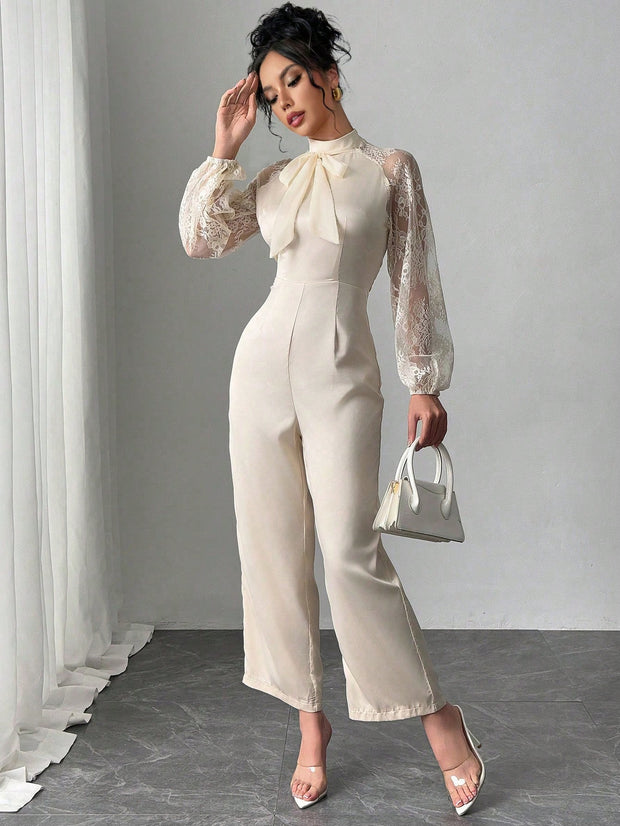 Rafferiza Lace Raglan Sleeve Bow Patchwork Twill Wide Leg Jumpsuit