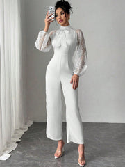 Rafferiza Lace Raglan Sleeve Bow Patchwork Twill Wide Leg Jumpsuit