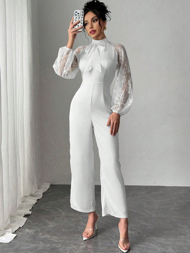 Rafferiza Lace Raglan Sleeve Bow Patchwork Twill Wide Leg Jumpsuit