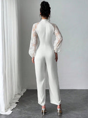 Rafferiza Lace Raglan Sleeve Bow Patchwork Twill Wide Leg Jumpsuit