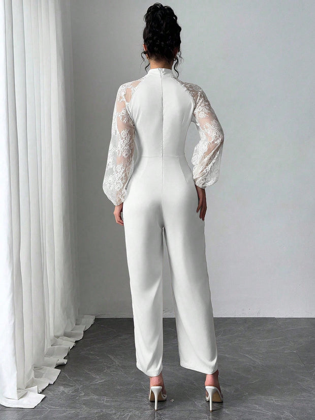 Rafferiza Lace Raglan Sleeve Bow Patchwork Twill Wide Leg Jumpsuit