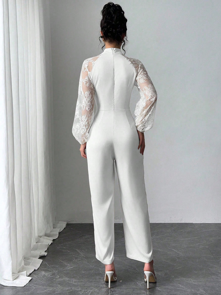 Rafferiza Lace Raglan Sleeve Bow Patchwork Twill Wide Leg Jumpsuit