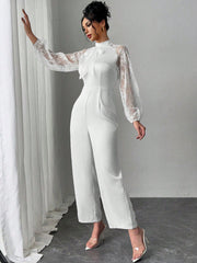 Rafferiza Lace Raglan Sleeve Bow Patchwork Twill Wide Leg Jumpsuit