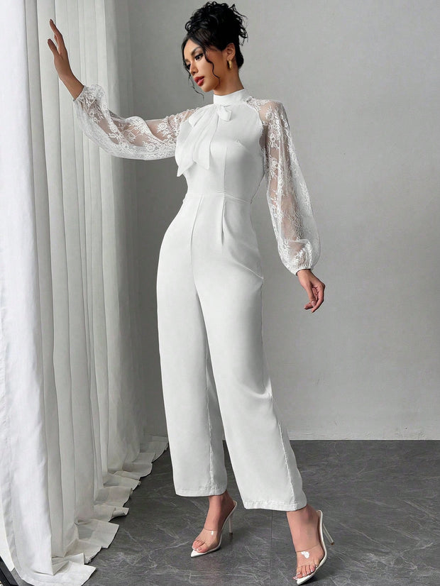 Rafferiza Lace Raglan Sleeve Bow Patchwork Twill Wide Leg Jumpsuit