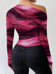 Rafferiza Marble Gradient Print Asymmetric Asymmetrical Neck Long Sleeve T-Shirt