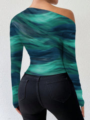 Rafferiza Marble Gradient Print Asymmetric Asymmetrical Neck Long Sleeve T-Shirt