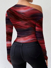 Rafferiza Marble Gradient Print Asymmetric Asymmetrical Neck Long Sleeve T-Shirt