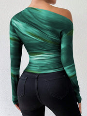 Rafferiza Marble Gradient Print Asymmetric Asymmetrical Neck Long Sleeve T-Shirt